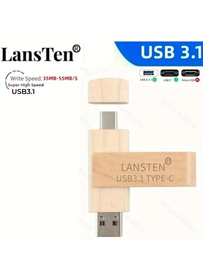 LansTen Wooden Rotating USB Flash Drive 128GB High Speed Type C 3 1 - Image 1